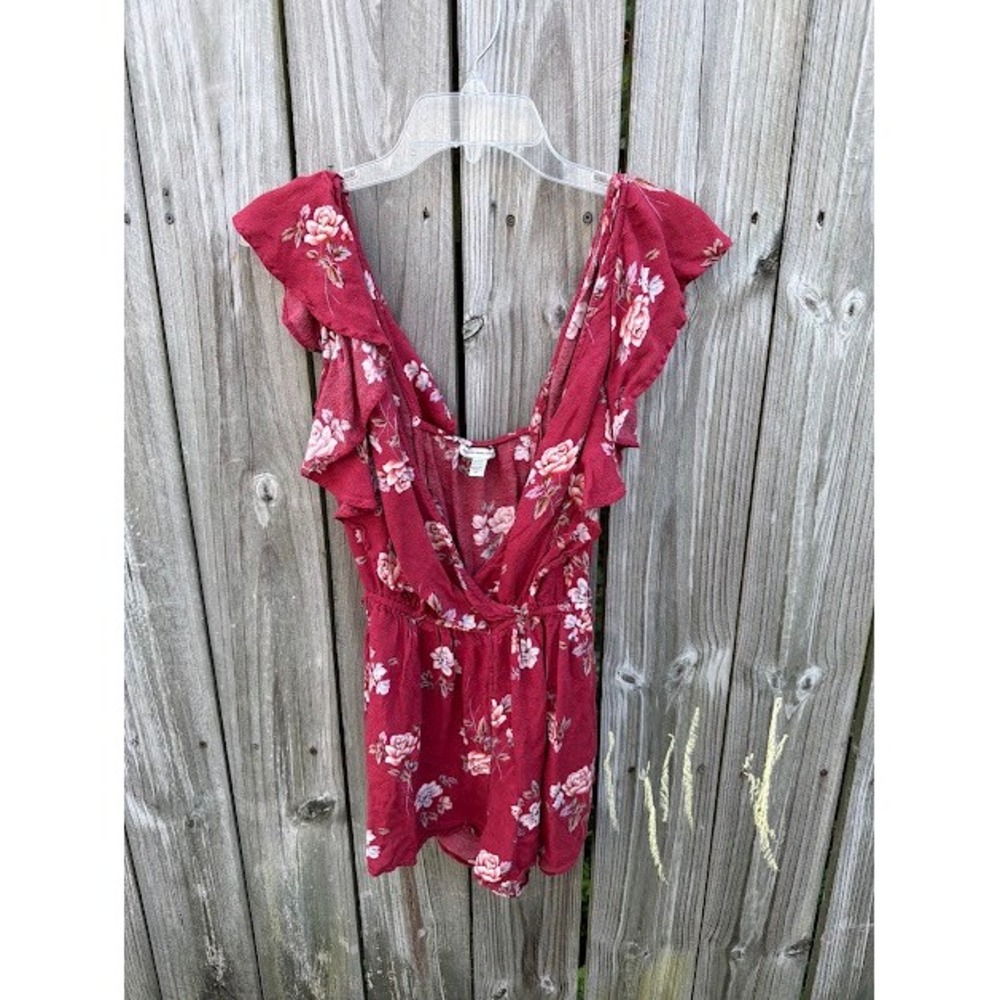 Boho Cottagecore American Eagle Romper XS Short Red Floral Ruffle V-Neck